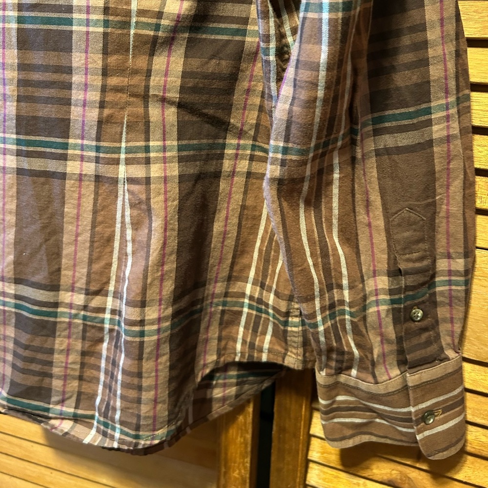 Lauren Ralph Lauren Brown, Tan, Green, Red and White Plaid Ruffled Shirt - Picture 12 of 16
